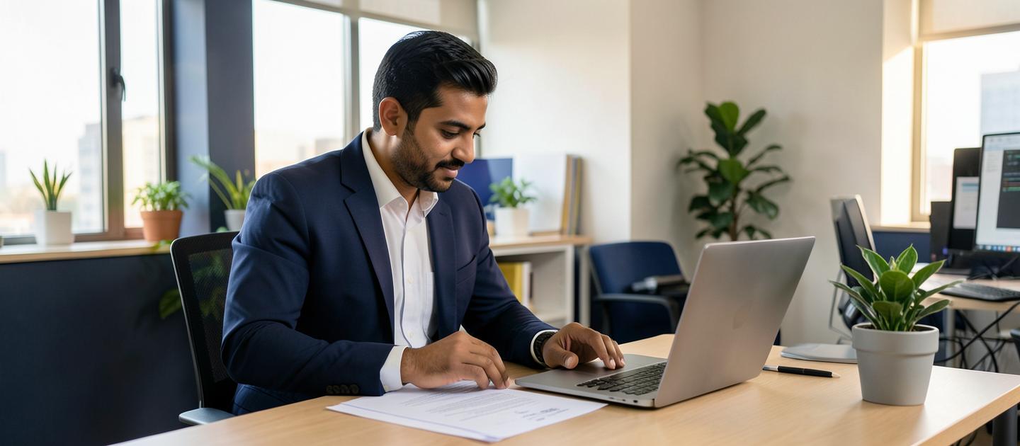Indian startup founders reviewing compliance documents in an office