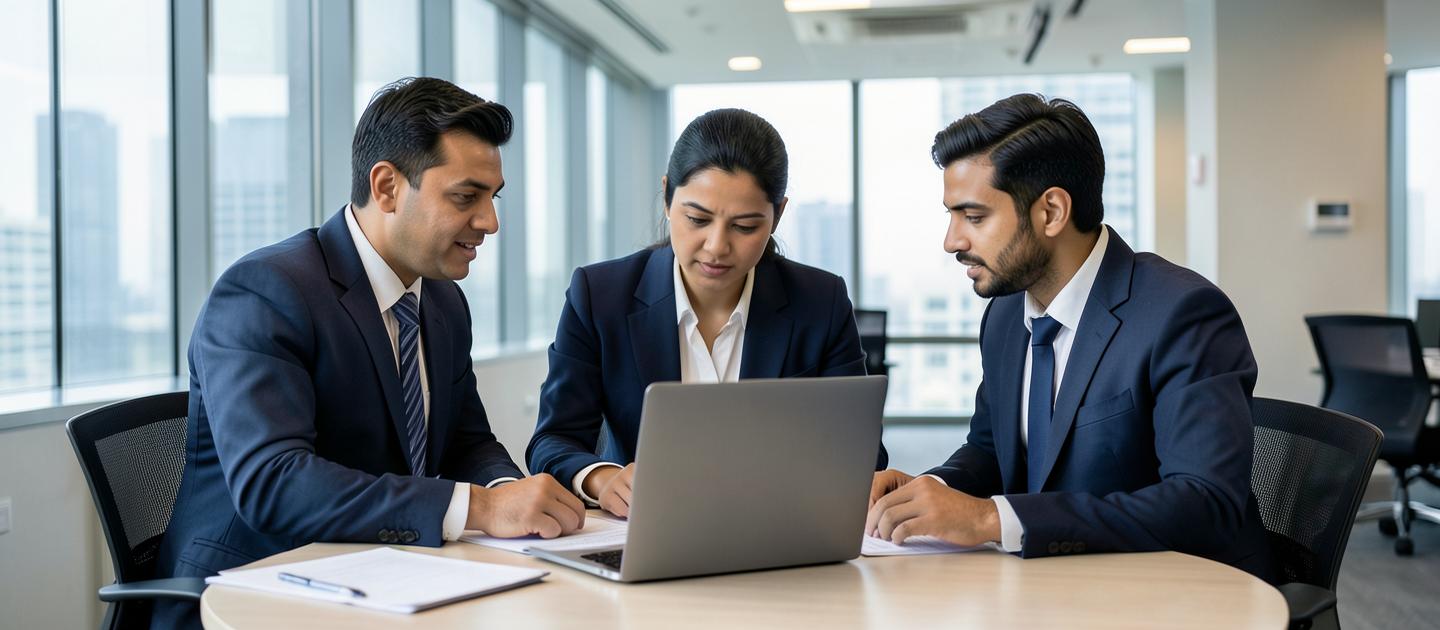 Corporate legal team reviewing contracts on screens in a boardroom