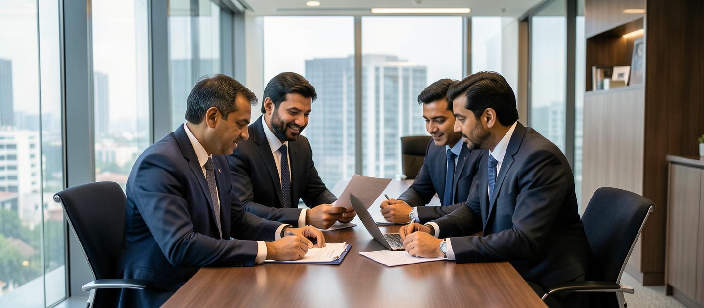 Indian legal team collaborating over documents in a modern law firm meeting room
