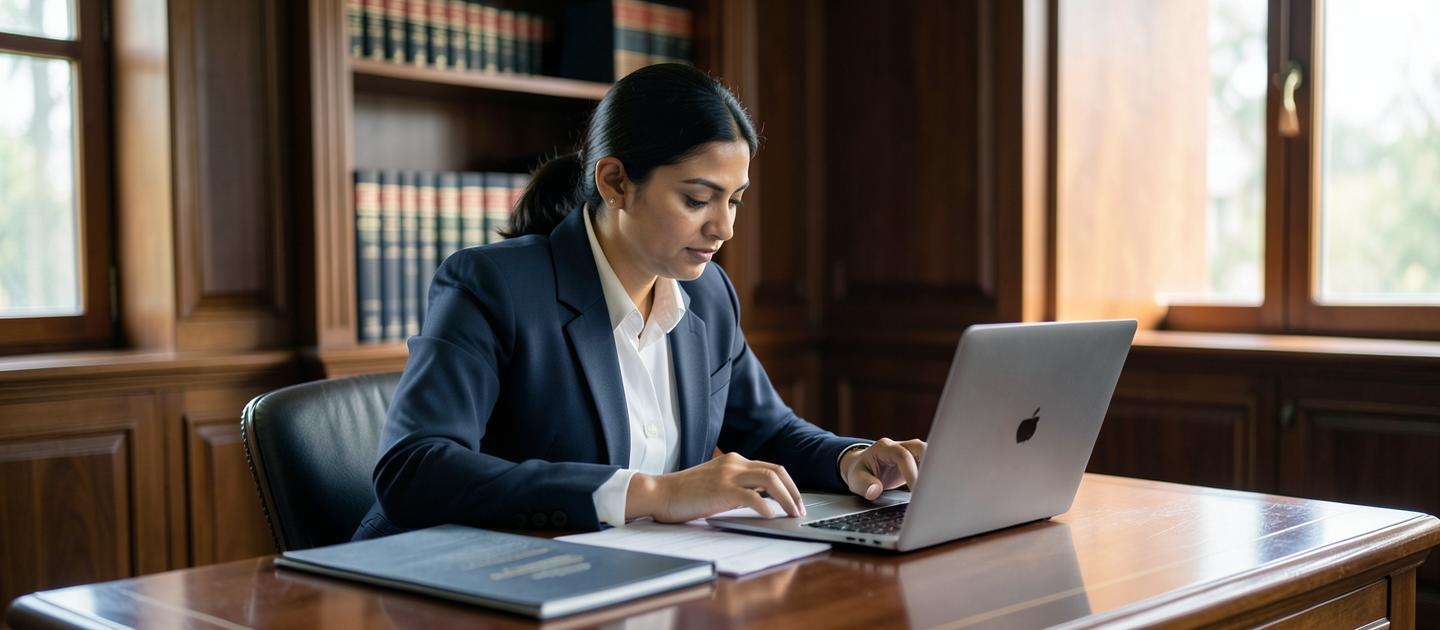 Indian advocate researching case law on a laptop at a law office desk