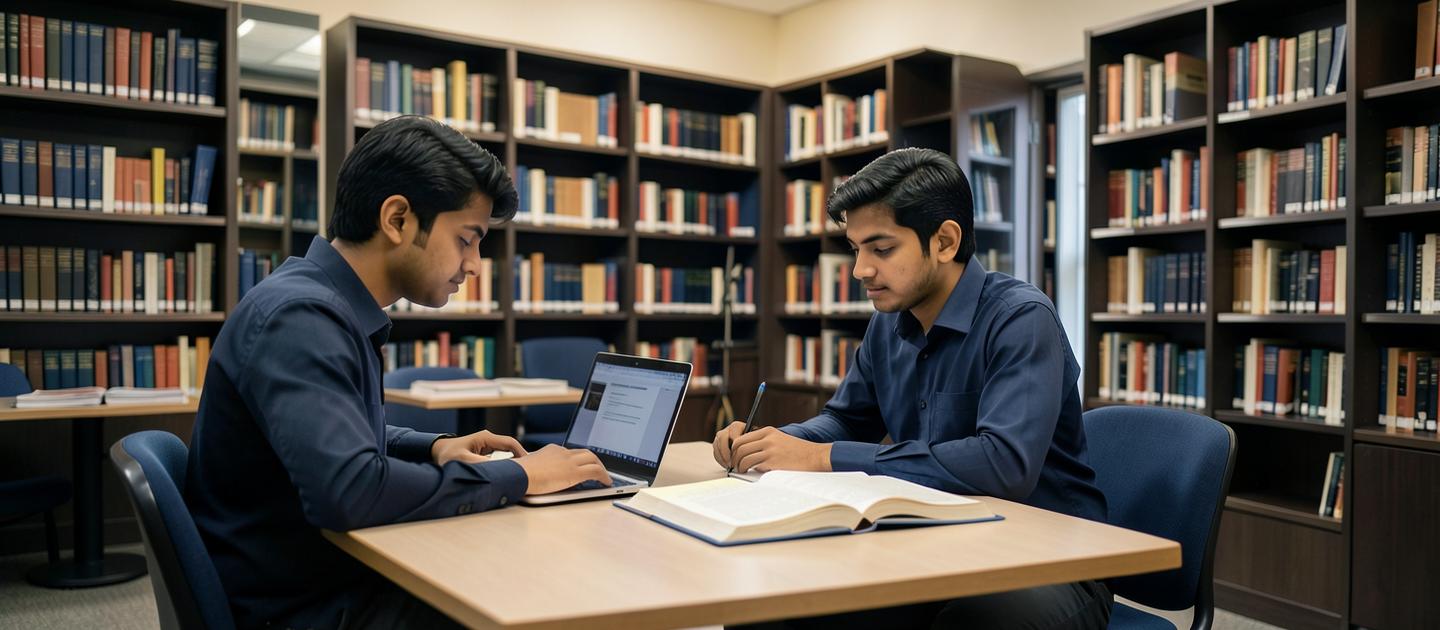 Indian law student studying with a laptop and law books in a library